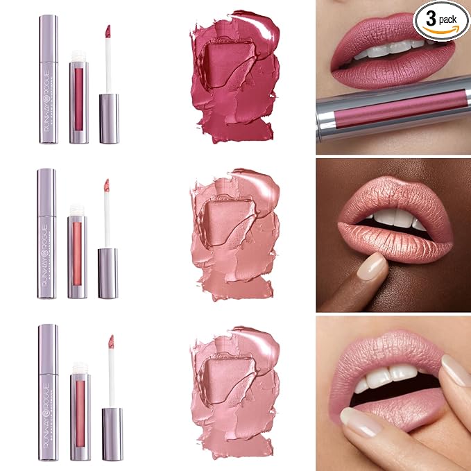 Runway Rogue Silk Glam Liquid Lipstick Lip Trio, Long Wear Frosted Liquid Lipstick Pack, (‘First Class’, ‘Jet Set’, ‘Trophy Wife’)
