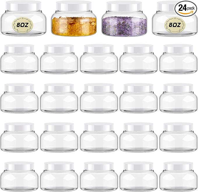 Tessco for you 24 Pack Plastic Jars with Lids Labels Multiuse Slime Containers Empty Body Scrub Jars Round Refillable Cosmetic Body Butter Container for Makeup (8 oz,White)
