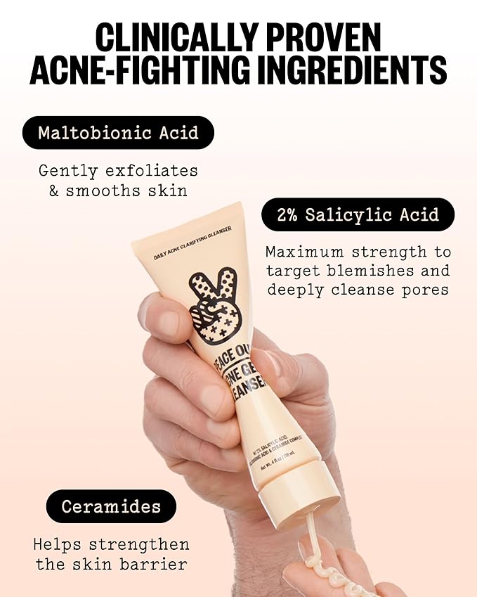 PEACE OUT Acne Gel Cleanser, With 2% Salicylic Acid for Breakouts, Blemishes & Blackheads, Daily Face Wash with Ceramides to Unclog Pores, Support Skin Barrier (4 fl oz)