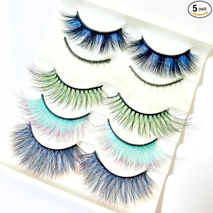 Sunniess Ombre Colored Lashes Silk Protein Fluffy Wispy Volume Fake Lashes for Halloweens Cosplay Party Stage Russian D Curl Lashes with Color Make up Faux Mink False Eyelashes