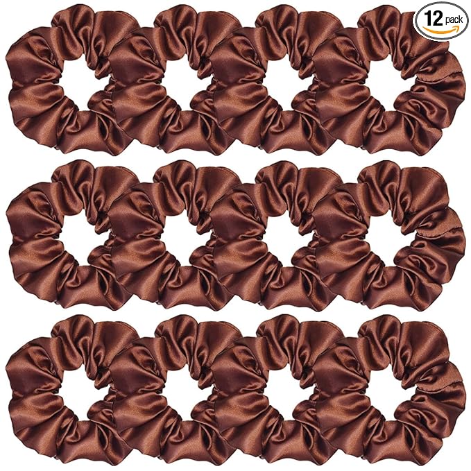 Sufermoe 12 Pcs Satin Silk Hair Scrunchies, Coffee color, 4.5 Inch Soft Hair Ties, Fashion Hair Bands, Hair Accessories for Women and Girls