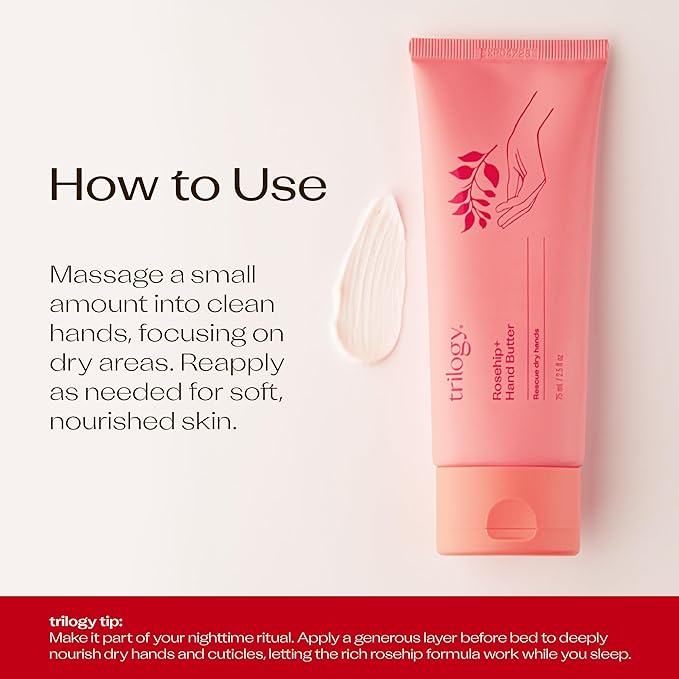 Trilogy Rosehip+ Hand Butter, Rich Nourishing Hand Cream with Rosapene, Ceramides and Shea Butter, 2.5 fl oz / 75ml