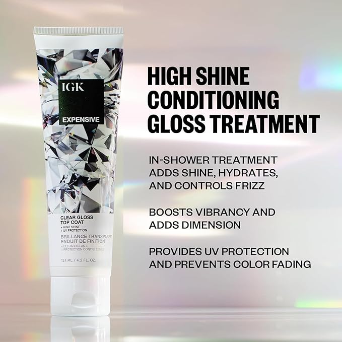 IGK EXPENSIVE Clear Gloss Top Coat | High Shine Gloss Treatment for Soft, Smooth Glass Hair | Revives Color-Treated Hair and Helps Control Frizz | 4.2 Oz