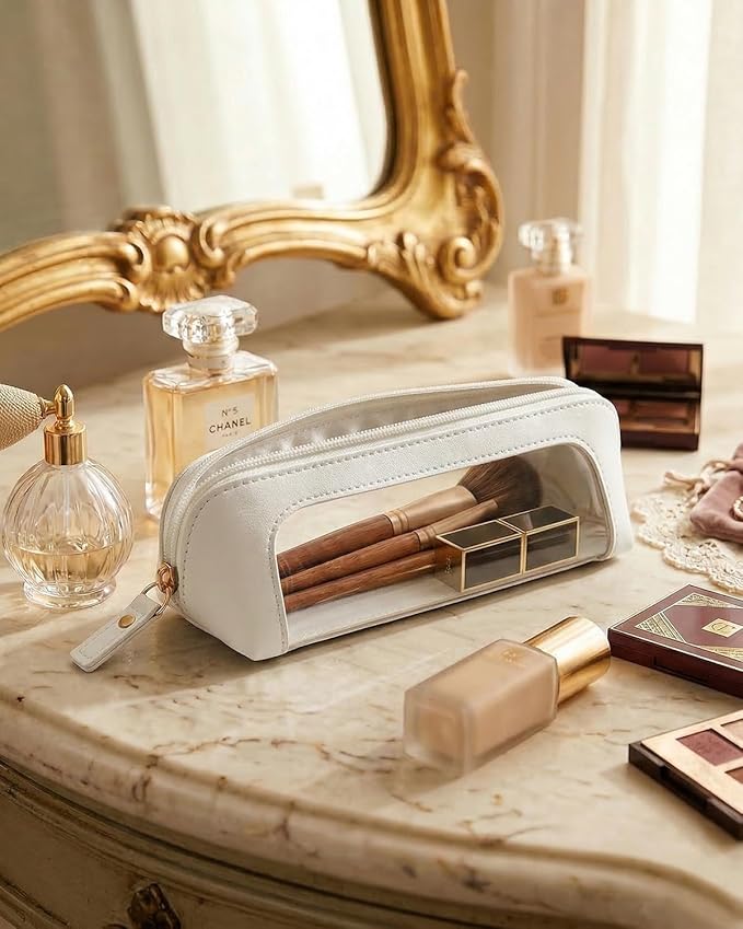 LETGO Clear Makeup Brush Bag Pouch, Waterproof PU Leather Portable Makeup Bag Holder with Transparent Window, Travel Lipstick Case Pouch Car Organizer and Storage (Slim, Beige)
