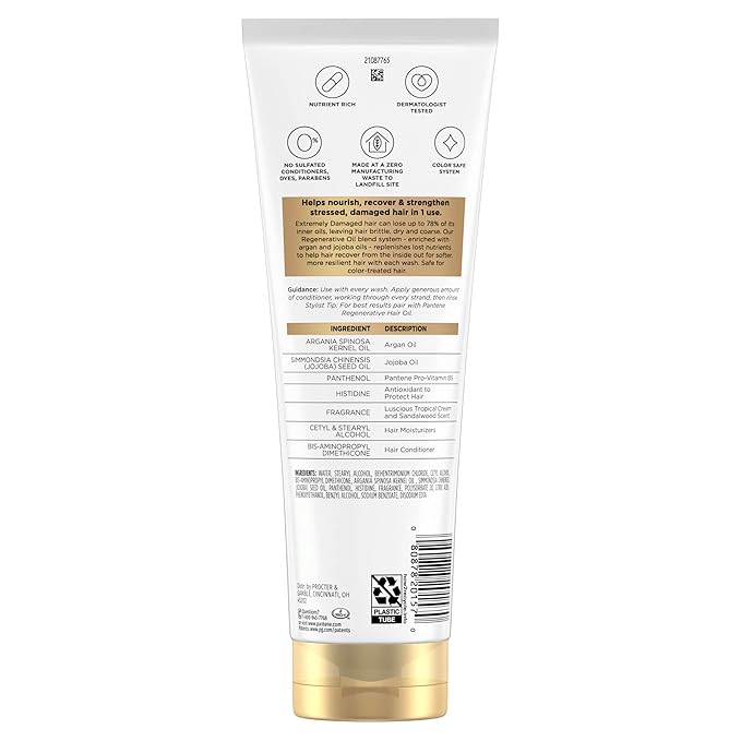 Pantene Pro-V Miracles Conditioner, Extreme Damage Care Regenerative Oil Blend 1 Minute Miracle, Moisturizes, Smooths, Argan & Jojoba Oils, 0% Sulfated Conditioners, Dyes, or Parabens, 10.9 Fl Oz