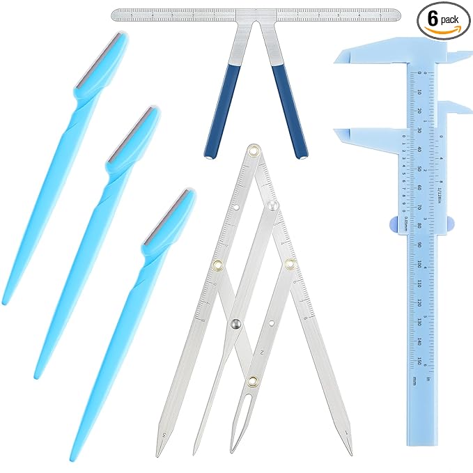 Weewooday 6 Pieces Tattoo Eyebrows Rulers 3 Point Positioning Ruler Mini Caliper Double Scale Vernier Calipers Eyebrow Caliper Microblading Ruler Measuring Tool with Eyebrow Shaver (Blue)