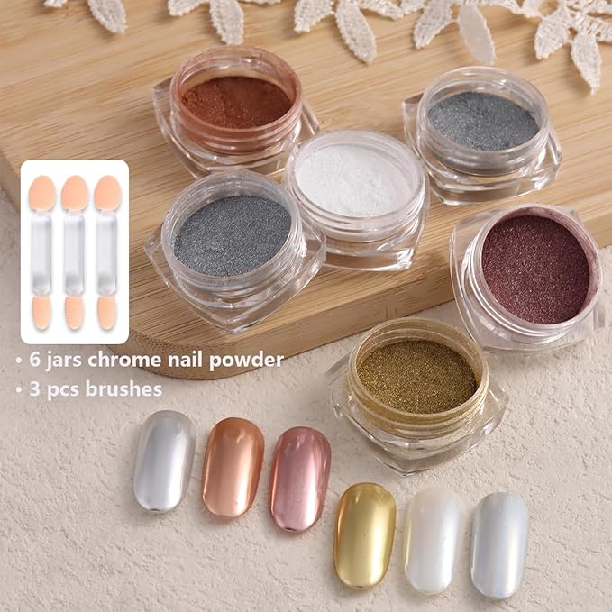 Chrome Nail Powder Set, 6 Color Gold Silver White Chrome Glitter Metallic Mirror Effect for Nalis Pearlescent Nail Art Holographic Pigment Dust Kit for Gel Polish Decoration Manicure Supplie