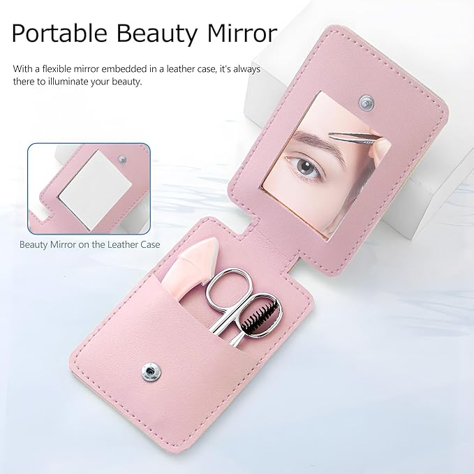 Eyebrow Trimmer Kit, 5-in-1 Set with Eyebrow Scissors, Eyebrow Razor, Tweezer, Brush, and Mirror for Women, Includes Leather Carry-Around Bag (Pink).