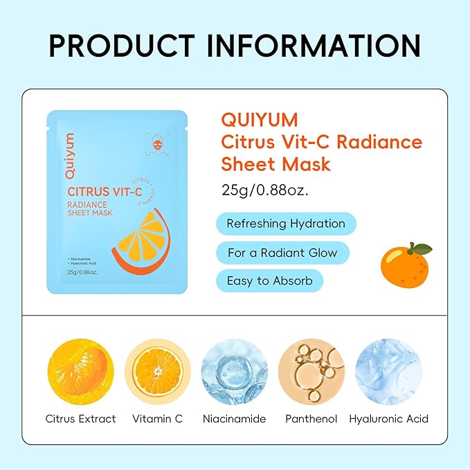 QUIYUM 14 Pack Citrus Sheet Mask - Hydrating Facial Masks for All Skin Types, Skincare Set, Spa Gift for Women & Teens
