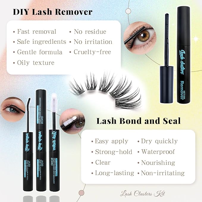 Wispy Lash Clusters Kit, Natural Lash Cluster Eyelash Extensions 256 Pcs C Curl 10-16mm Individual Fluffy False Eyelashes Thin Band DIY Kit for Beginners at Home with Bond Seal Remover Tweezers Brush