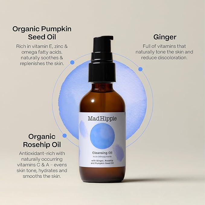 Mad Hippie Cleansing Oil for Face - Deep Cleansing Facial Cleanser & Makeup Remover for Dry, Sensitive, Acne-Prone Skin with Vitamin C-Rich Rosehip Oil, 2 Fl Oz