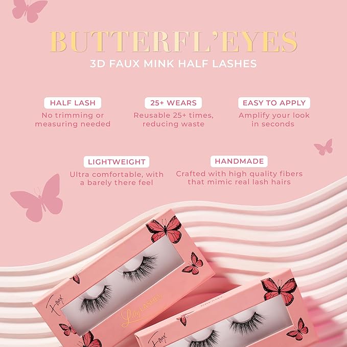 Lilly Lashes Butterfl'eyes Faux Mink Lashes, Half Lashes Natural Look & Feel, False & Reusable Eyelashes 20x, No Trimming + Easy to Apply, Round Style, Lash Glue not Included, 13mm (Sassy)