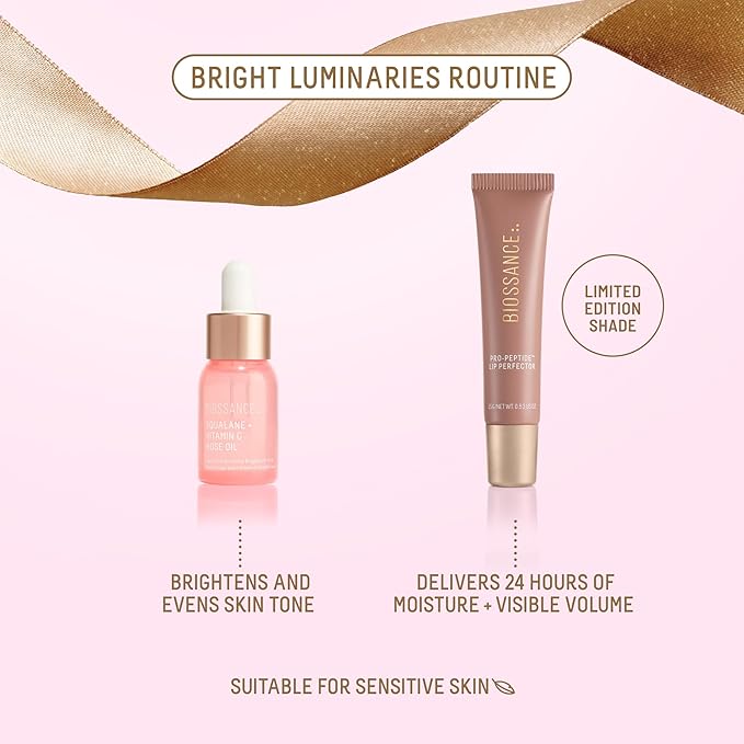 Biossance Bright Luminaries Holiday Gift Set – Vitamin C Rose Oil & Lip Perfector Travel Duo for Brighter, Hydrated Skin and Lips ($47 Value), 1 Set