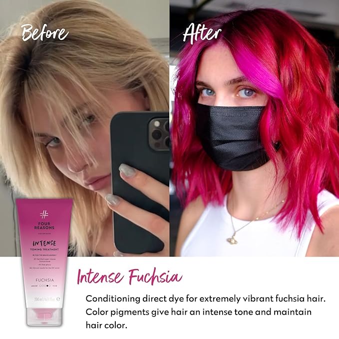 Four Reasons Color Mask INTENSE Fuchsia (27 Colors) - Intensive Toning Treatment - Color Depositing Conditioner – Semi Permanent Pink Hair Dye for Lightened and Colored Hair– 100% Vegan, 6.76 fl oz