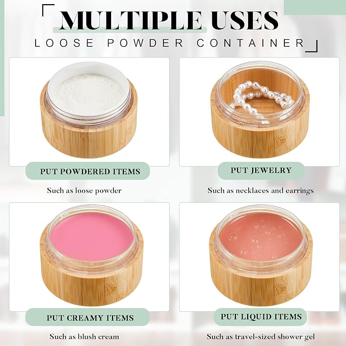 Frienda 50 ml Bamboo Loose Powder Puff and Container Empty Dusting Powder Jar for Body Face Makeup Travel Box Compact Case Holder with Sifter Lids and Puff