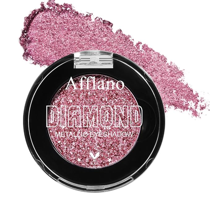 Afflano Single Pink Glitter Eyeshadow Palette, Sparkle Champagne Pink Rose Glitter Eyes Look, Highly Pigmented, Long Lasting Diamond Metallic Eye Shadow Pallet for Girl Women Concerts Day Night Makeup