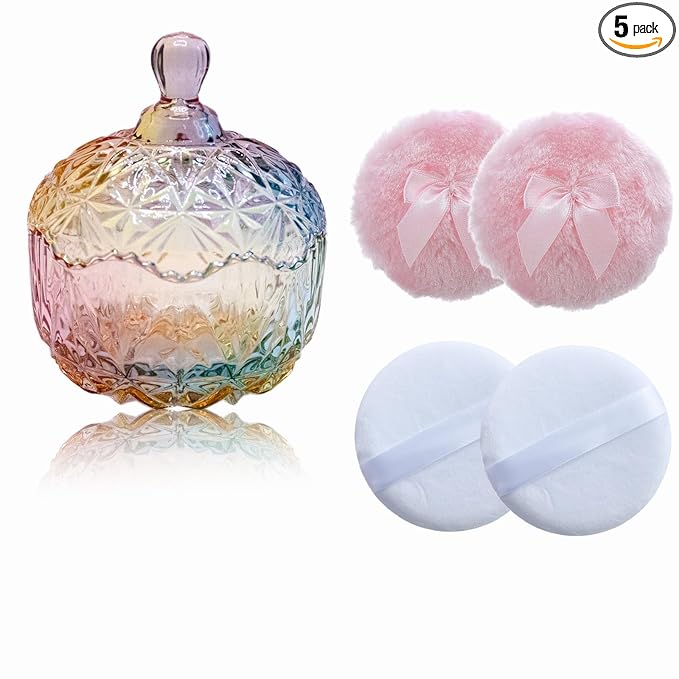 5 Pieces Large Body Powder Puff and Powder Container, Crystal Case for Dust Puff, Powder applicator with Box for Face and Body (Color, Crown)