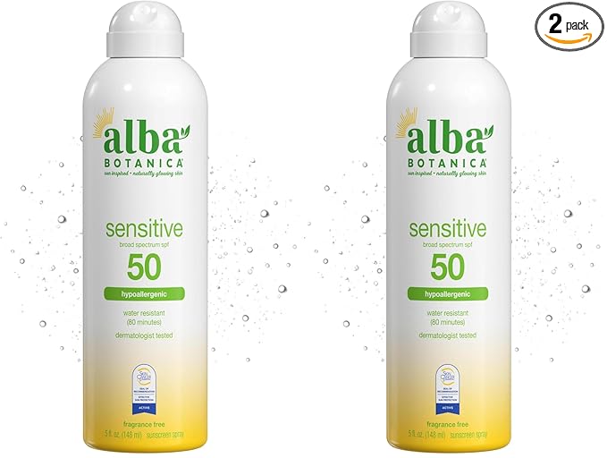 Alba Botanica Sensitive Sunscreen Spray for Face and Body, Fragrance-Free, Broad Spectrum SPF 50, Water Resistant, 5 fl. oz. Bottle (Pack of 2)