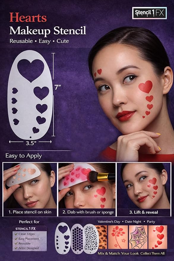 Stencil1FX - Hearts Eye Makeup Stencil for Costumes, Dress Up, Halloween, Cosplay, Face Painting, Raves, Festivals, Parades, Parties, Valentine's Day, Pride, Love