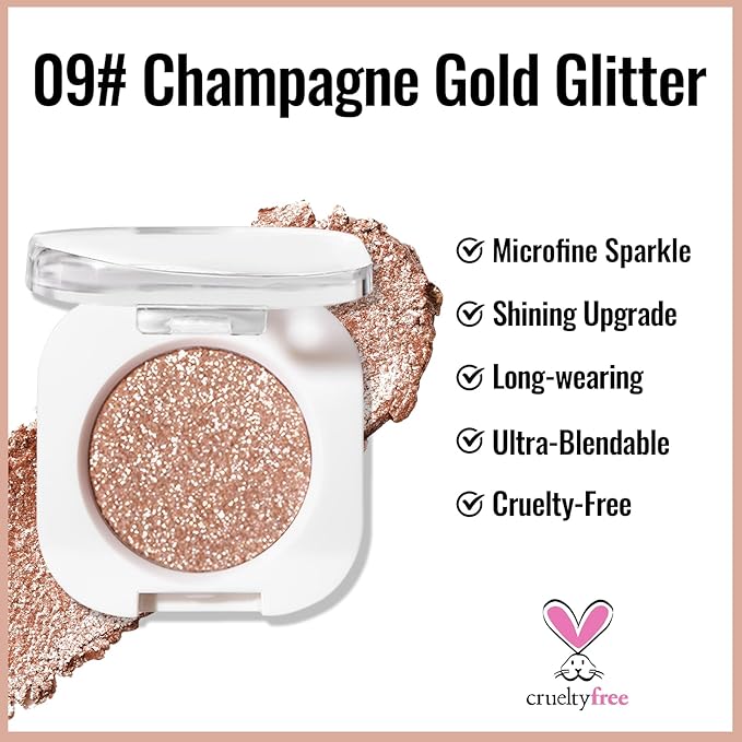 Erinde Champagne Gold Shimmer Single Eyeshadow, Metallic Glow Glitter Cream Eye Shadow, Monochrome Eyeshadow Palette Makeup, Waterproof Sombras para Ojos, Vegan & Cruelty-Free, 09