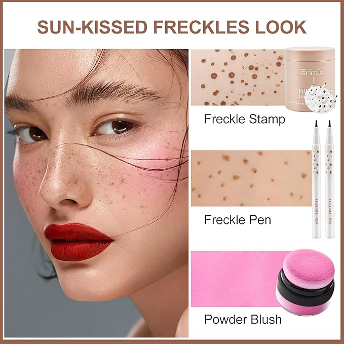 Erinde Natural Freckle Foundation Makeup Kit - Liquid Freckle Pen & Fake Freckles Stamp Air Cushion & Powder Cushion Blush, Long Lasting Waterproof Freckles Tattoo Marker for Natural Sunkissed Makeup