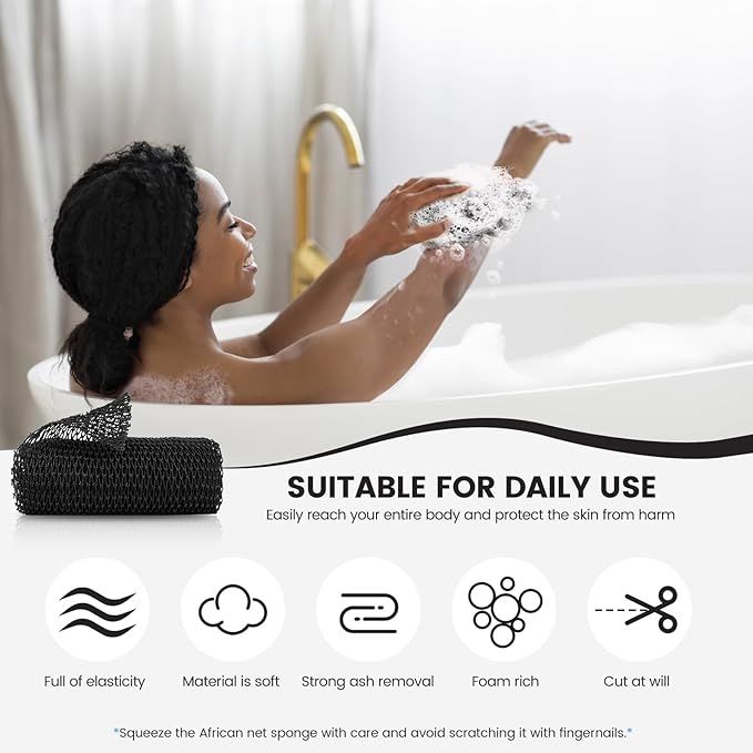 ZOCY African Net Sponge, Authentic Exfoliating Body Scrubber for Bath and Shower, Multiple Textures with Gentle Deep Exfoliating and Rich Lather for All Skins (Black)