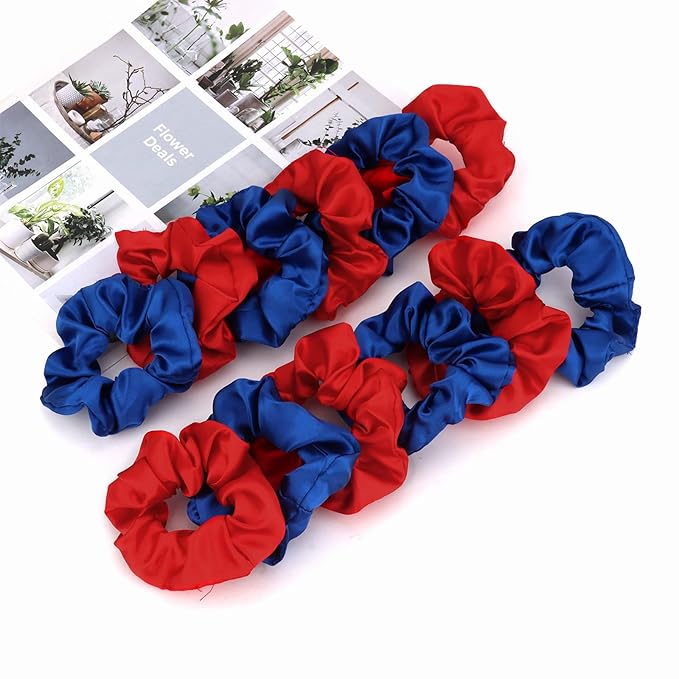 Silk Satin Scrunchies for Women Girls 12 PCS Blue & Red Hair Scrunchies Silk Satin Hair Ties for Thick Hair Bulk Hair Ties Hair Accessories