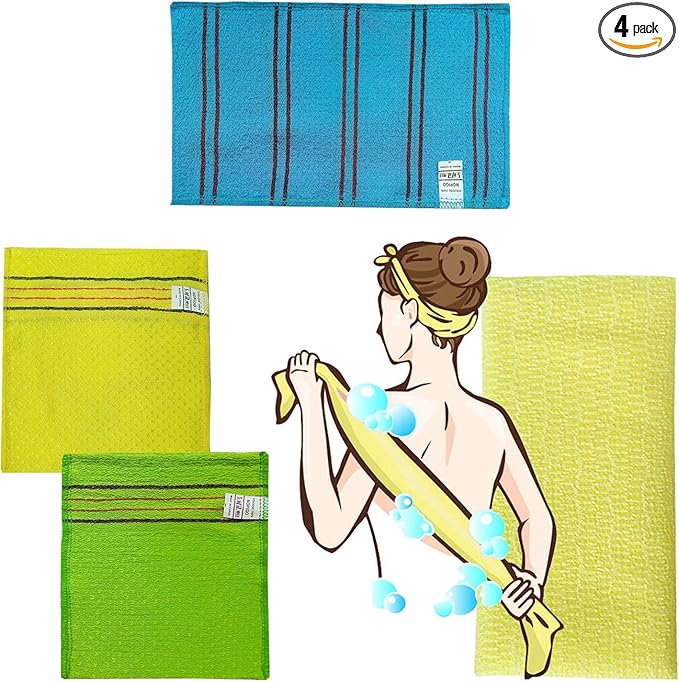 Exfoliating Bath Washcloth Mitt for Remove Dead Skin.Loofah Sponge, Korean & Japanse & African Net Sponge Rag. Back Scrubber Washer for Use in Shower Bath(Variety Pack 4)