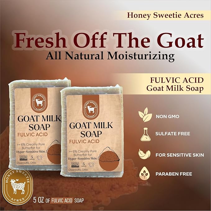 Honey Sweetie Acres 2-Pack Fulvic Acid Goat Milk Soap - Handmade 5 oz Bar, Made with Natural Ingredients, Moisturizing & Gentle, Made in the USA