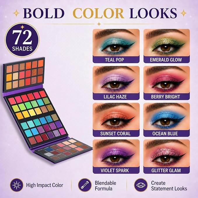 BestLand 72 Colors Ultra Secret Eyeshadow Palette, 4 in1 Color Board Matte Shimmer Glitter Nude Natural All In One Makeup Palette Blendable Pigmented Make Up Green Eye Shadow Pallet Gift Kit