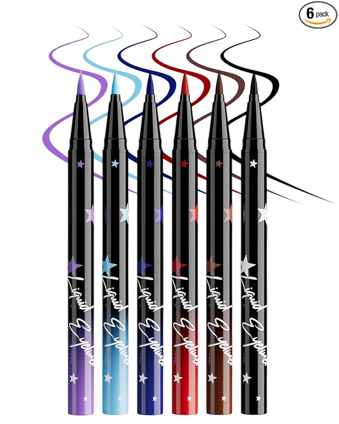 6Pcs Colored Liquid Eyeliner Pen Set Pack, Waterproof Waterline Matte Eye Liner Pencil, Purple Sky Navy Blue Red Brown Black, High Pigmented Longwear Quick Drying Colorful Eyeliner Pen for Women-Set B