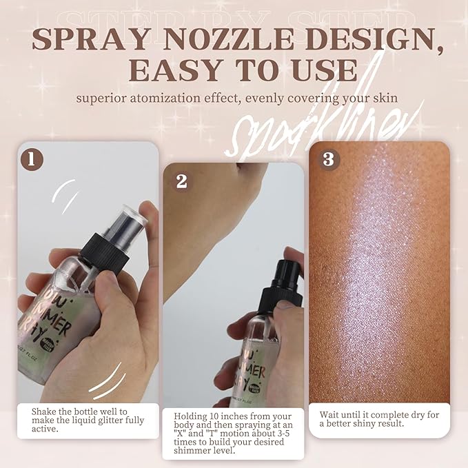 Body Glitter Spray, Body Shimmer Spray Quick Drying Body Glow Shimmer Long-Lasting Shiny Glitter for Women Men for Party, Concert 2.6 Fl Oz. (Silver White)
