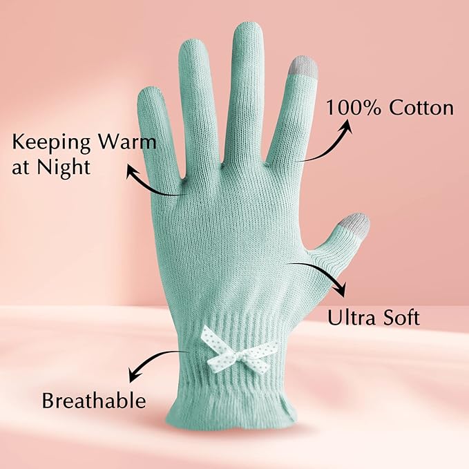 Evridwear Cotton Moisturizing Gloves Overnight Touchscreen for Dry Hands SPA Eczema Hand Care, Day and Night Moisturizing Sleeping Gloves (2 Pairs S/M, Feather Weight Mint Green)
