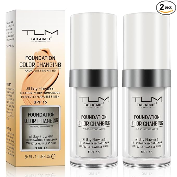 2PCS Flawless Colour Changing Warm Skin Tone Foundation, Naturally Blends Moisturizing foundation makeup, Long Lasting Waterproof Lightweight Liquid Foundation SPF 15 for Face Makeup