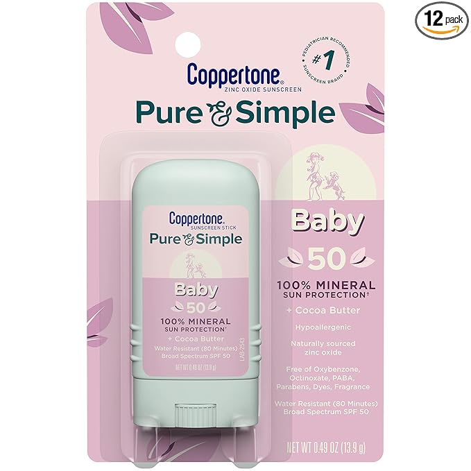 Coppertone Pure and Simple Baby Sunscreen Stick SPF 50, Zinc Oxide Mineral Sunscreen for Baby, Body and Face, 0.49 Oz Stick (Pack of 12)