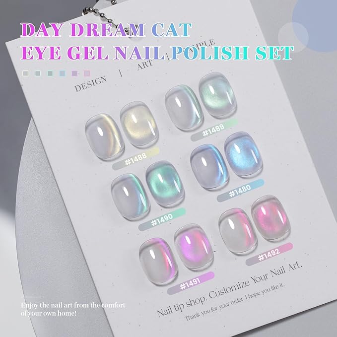 RARJSM Pastel Aurora Ceramics Glitter Cat Eye Gel Nail Polish Set 6Pcs Champagne Gold Green Mint Icy Blue Violet Pink Smoothie Glassy Cateye Gel Polish with Magnetic Stick Curing Require Home Salon