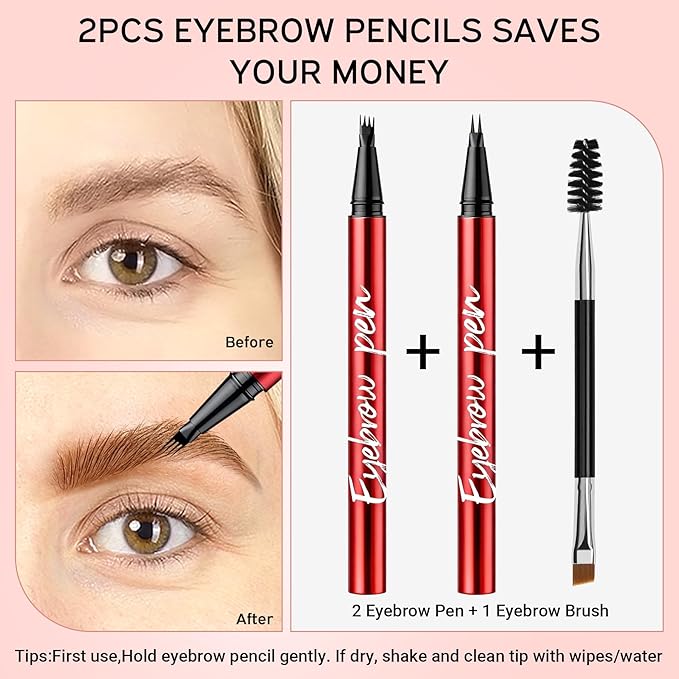 Vevivia 2 Pack Eyebrow Pen with Brush, 4 Tip&2 Tip Waterproof Eyebrow Pencils for Women, Microblading Eyebrow Pencils for All Brow Types to Create Hair-Like Brows, Non Dry Out, All-Day Wear,Grey