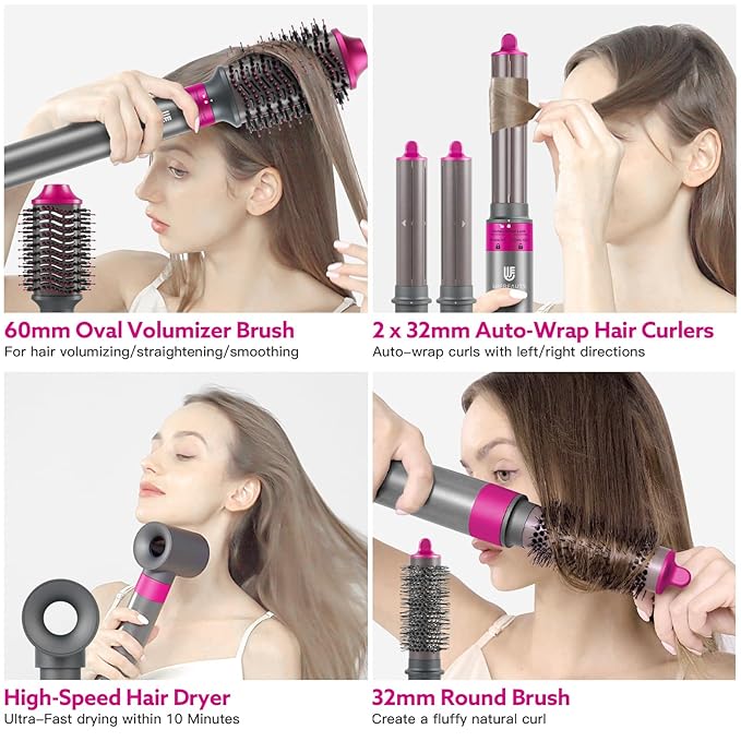 5 in 1 Hot Air Brush Hair Dryer Air Styler - 110,000 RPM Fast Drying, Curling, Straightening with Ceramic Coating & Negative Ion, No Heat Damage for All Hair Types, Includes Travel Case (Red)