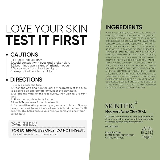 SKINTIFIC Mugwort Clay Stick Mask for Face, Redness Soothing & Breakout Control with Centella and Salicylic Acid, Gentle Exfoliating, Vegan Skincare, Wash-Off Facial Mud Mask