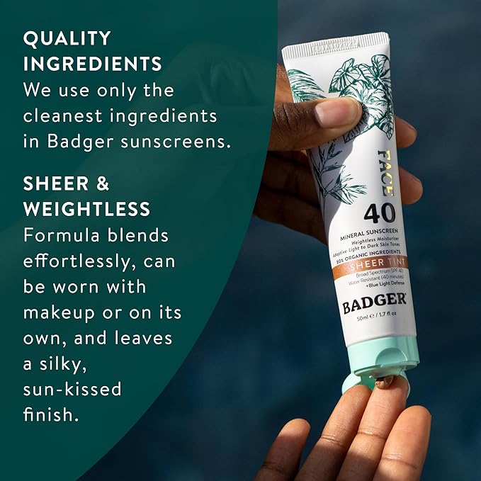 Badger Tinted Sunscreen for Face SPF 40, Lightweight Tinted Mineral Sunscreen w/Sheer Tint Warm Finish for Light or Dark Skin, No White Cast, 80% Organic, Water Resistant, Unscented, 1.7 floz, 2 Pack