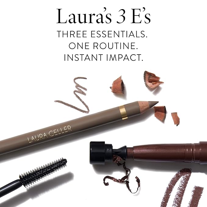 LAURA GELLER Laura’s 3 E’s Eyeliner, Eyelash & Eyebrows Kit for Mature Skin | Dark Brown | Kajal Longwear Eyeliner, Kajal Longwear Mascara & Bravo Brows Soft Pencil + Brush