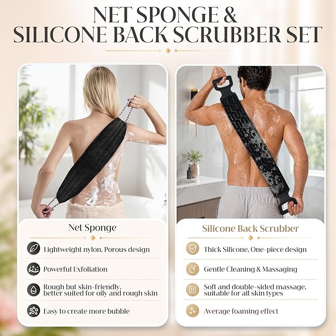 Manmihealth Silicone Back Scrubber for Shower & African Bath Sponge Set, Upgrade 33.8'' Long Silicone Back Brush & Exfoliating Net Sponge Combination, Dual-Sided Use Shower Loofah(Black+Black)