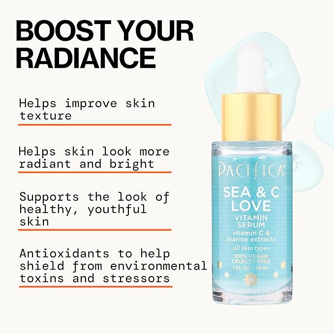 Pacifica Beauty Sea & C Love Vitamin C Serum for Face – Brightening & Anti-Aging Formula with Hyaluronic Acid, Green Tea & Algae – Blue Light Protection – Fades Dark Spots & Fine Lines – 1 Fl Oz