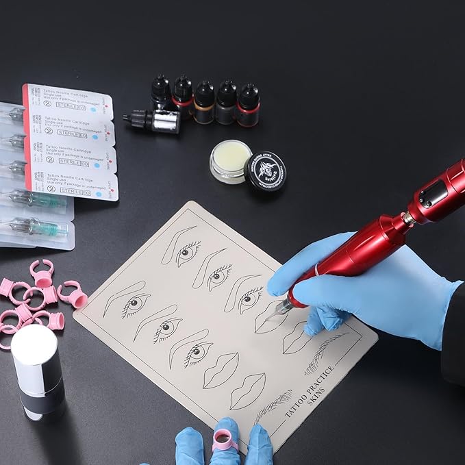 Eyebrow Microblading Tattoo Gun Kit - Professional Tattoo Pen & Brow Pencil Set for Microblading Supply, Semi-Permanent Makeup Tattoo Machine with 50Pcs Needles for Artists Starter (Red, TP39)