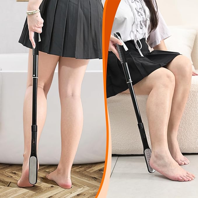 Long Handle Foot Scrubber with Toe Gap Cleaner, 18.8" - 25.9" Telescopic Toe Cleaning Brush, Foot File Callus Remover for Men, Women and Seniors