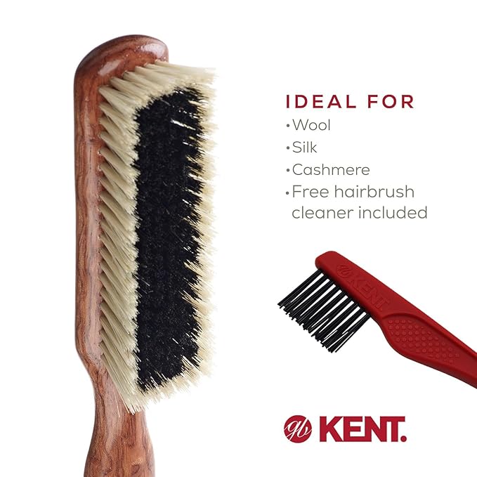 Kent CP6 Clothes Brush. Cashmere Care Dark Wood with Black & White Boar Bristle, Lint Remover for Wool and Silk for Keeping Delicate Fabrics Free from Fibres, Fluff and Pet Hair. Made in England