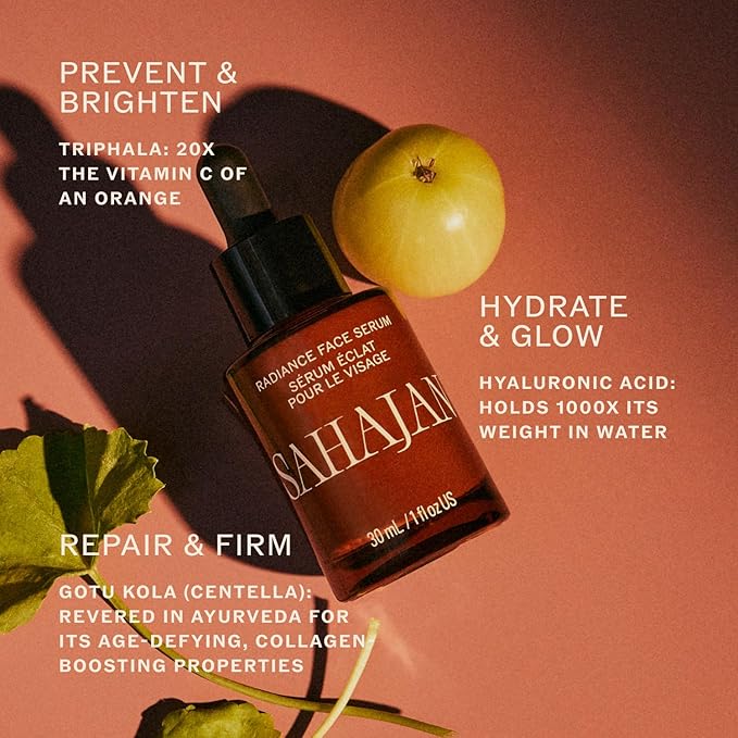 Sahajan Radiance Vitamin C Brightening Face Serum | Ayurvedic Amla, Centella Asiatica & Hyaluronic Acid | Anti Aging Serum for Fine Lines, Wrinkles & Dark Spots | All Skin Types | 1 fl oz