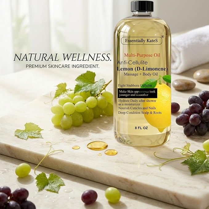 Essentially KateS Lemon (D-Limonene) Massage Lotion Body Oil Multi-Purpose Oil 8 Fl Oz - Cellulite Massage, After-Shower Moisturizer, Hair Scalp Conditioning, and Nail & Cuticles Nourishing