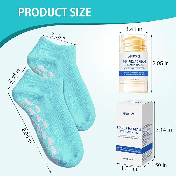 Silicone Moisturizing Socks with 60% Urea Cream- 2 in 1 Gel Socks & Urea Foot Cream for Dry Feet, Foot Care Moisturizing Socks for Dry Cracked Feet Women