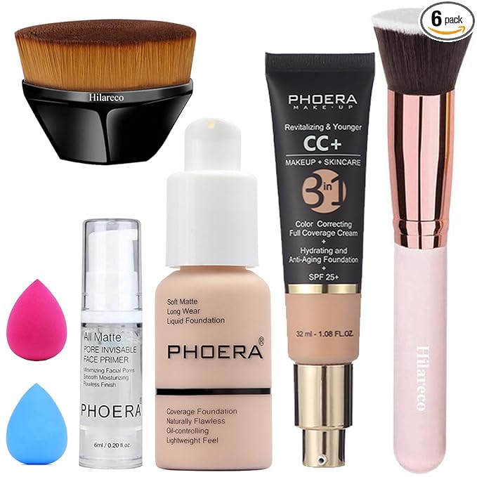 Hilareco PHOERA Foundation, CC Cream Foundation Color Correcting Anti Aging Hydrating Serum & SPF 25+, PHOERA Primer, Makeup Foundation, Makeup Brushes (101 Porcelain + 120 Nude CC Cream)